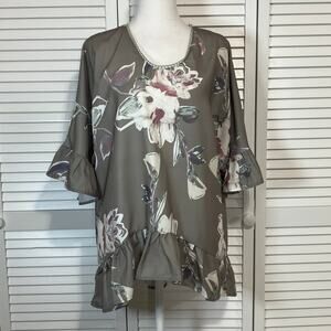 Gray Colorful Floral Round Neck Ruffled Bell ¾ Sleeve Blouse Women XL